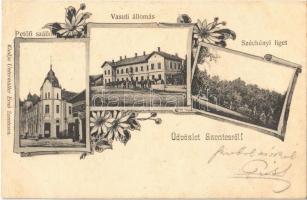 1906 Szentes, vasútállomás, Petőfi szálló, Széchenyi liget. Untermüller Ernő kiadása, Art Nouveau, floral
