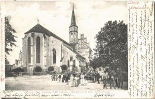 1906 Lőcse, Leutschau, Levoca; Római katolikus templom háti oldala, piac, faárus szekér. Feitzinger Ede No. 948. 1905 / church, market, wood seller