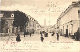 1901 Wiener Neustadt, Bécsújhely; Wienerstrasse mit Vorstadtkirche / street view with church