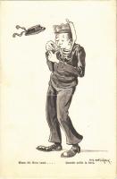 Wenn die Borsa saust... / Quando soffia la bora / K.u.K. Kriegsmarine Matrose / Austro-Hungarian Navy mariner humour art postcard, cigarette. G. Fano Pola 1910-11. s: Ed. Dworak