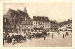 1924 Brassó, Kronstadt, Brasov; Főtér, Fekete templom / main square, church, horse-drawn carriages