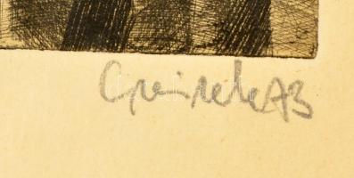 Czeizek György (1953-1980): Jelenet. Rézkarc, papír, jelzett, üvegezett keretben, 12,5×13 cm