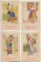 8 db RÉGI magyar folklór motívum képeslap: Születésnapi üdvözletekkel, Nemes M. szignóval / 8 pre-1945 Hungarian folklore motive postcards with Birthday greetings