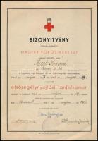 1941 Bp., Magyar Vöröskereszt által kiállított elsősegélynyújtási bizonyítvány