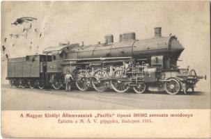 A Magyar Királyi Államvasutak Pacific típusú 301002 sorozatú mozdonya. Építette a MÁV gépgyára, Budapest 1911. Kiadja Ledács Kiss Dezső / Hungarian State Railways locomotive (r)