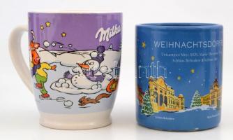 6 db kerámia bögre, közte kisméretű sörös korsó (egyiken lepattanás), karácsonyi bögre, 2 db üveg bö...