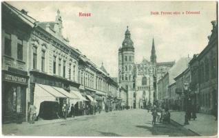 1910 Kassa, Kosice; Deák Ferenc utca a Dómmal, Liszt nagy raktár, üzletek / street view, cathedral, flour warehouse, shops