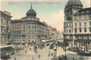 Budapest VIII. Rákóczi út és Erzsébet körút (Blaha Lujza tér), villamosok, Zálogkölcsön Intézet, Drogéria. Taussig A. 5214.