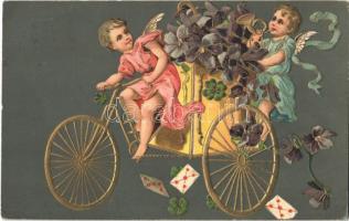 1909 Angels riding a bicycle. Art Nouveau Emb. litho (EK)
