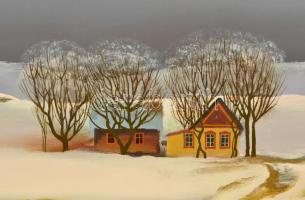 Pintér József (1922-2002): Téli táj. Olaj, farost .Jelzett. 50x70 cm Fa keretben