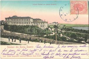 1904 Turnu Severin, Szörényvár; Liceul Traian cu parcul botanic / lyceum, park. TCV card