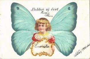 1900 Boldog Új Évet! / New Year greeting art postcard with butterfly girl. litho