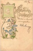 1904 Szívélyes üdvözlet / Art Nouveau floral greeting art postcard. Emb. (EB)