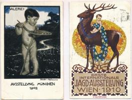 4 db RÉGI külföldi reklám motívum képeslap / 4 pre-1945 European advertising motive postcards: 1910 Erste International Jagd Ausstellung, 1908 Ausstellung München