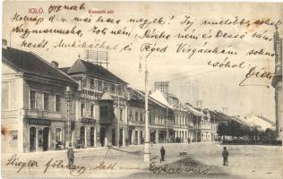 1914 Igló, Zipser Neudorf, Spisská Nová Ves; Kossuth sor, Gyógyszertár, Rattkay György üzlete, Otthon kávéház. DIvald Károly fia kiadása / street view, pharmacy, shops, café