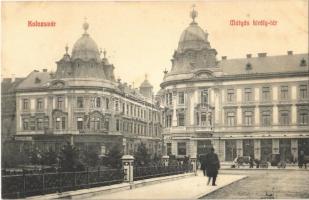 1909 Kolozsvár, Cluj; Mátyás király tér, Triesti Általános Biztosító Társaság Főügynöksége, Ifj. Graf Lőrinc üzlete / square, insurance company, shops