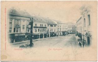 1901 Temesvár, Timisoara; Szent György tér, Várneky A., Fischer, Schwarcz, Bécsi ruhagyárosok üzlete, kávéház. Polatsek kiadása / square, shops, café (r)