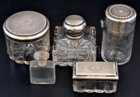 Ezüst(Ag) tetejű pipere készlet, jelzett, 5 db, kis kopásnyomokkal