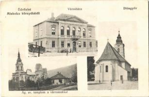 1919 Diósgyőr (Miskolc), Városháza, Evangélikus templom a várromokkal. Grünwald Ignác kiadása (EK)