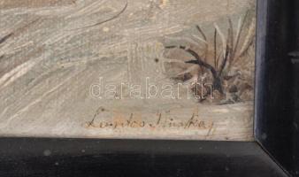 Lantos Iluska (?-?): Téli táj. Olaj, vászon, fa keretben, 12×23 cm