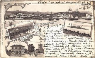 1904 Novi Vinodolski, Novoga; Hotel Lisanj, Kupaliste, Otok Sv. Marino, Hotel Slavulj, Kula Frankopanska / hotels, spa, island, tower. Art Nouveau, floral, litho (EK)