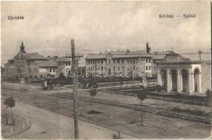 Újvidék, Novi Sad; kórház, útépítés úthengerrel / Spital / hospital, street construction with road roller