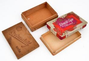 cca 1920-1940 Schmidl Győr bonbonos és csokis fa és karton doboz, a fa dobozon kis sérüléssel, a kar...