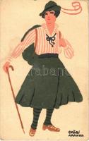Ungarische Werkstätte, kiránduló hölgy; Diana sósborszesz / Hungarian art postcard, hiking lady. Advertisement on the backside s: Győri Aranka