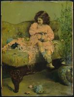 Kislány cicával, 2 db litho nyomtatvány, 25×19 cm