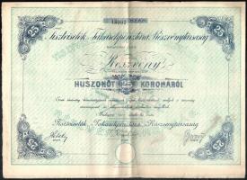 Budapest 1907. Tisztviselők Takarékpénztára Részvénytársaság részvény 25K-ról (2x) sorszámkövetők, szelvényekkel, szárazpecséttel T:II