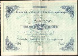 Budapest 1907. "Tisztviselők Takarékpénztára Részvénytársaság" részvény 25K-ról (2x) sorsz...