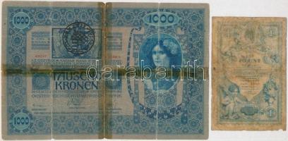 1888. 1G + 1902. 1000K román felülbélyegzéssel T:IV ragasztott,ly