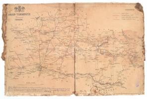 cca 1900 Arad vármegye közutainak térképe. Vászonra kasírozva. Szakadásokkal 49x33 cm