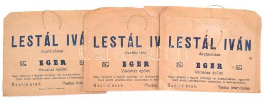 cca 1930 Lestál Iván divat áruház Eger 3 db reklámos papír táska 21x18 cm