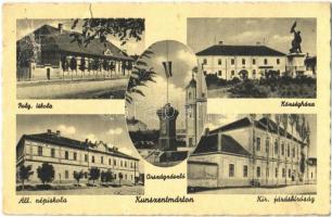 1948 Kunszentmárton, Polg. iskola, Községháza, Országzászló, Áll. népiskola, Kir. járásbíróság (szakadás / tear)