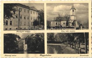 1939 Hegyeshalom, Pénzügyőri laktanya, Római katolikus templom, Főhercegi malom, Strandrészlet + Hegyeshalom Pu. bélyegzés