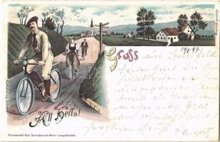 1897 (Vorläufer!) Gruss... All Heil! Kunstanstalt Karl Schwidernoch / Bicycle trip. litho  (Rb)