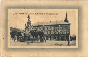 1910 Eperjes, Presov; Szentháromság szobor háttérben a Collegiummal, Kleinert János üzlete. Cattarino S. utóda Földes Samu kiadása / Holy Trinity statue, Lutheran college, shops (EB)