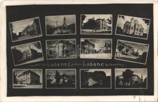 1932 Losonc, Lucenec; mozaiklap zsinagógával / multi-view postcard with synagogue (kis szakadás / small tear)
