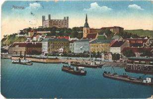 1916 Pozsony, Pressburg, Bratislava; látkép, vár, rakpart, gőzhajó / general view with quay, castle and steamship (EM)