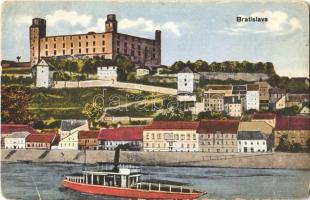 1927 Pozsony, Pressburg, Bratislava; látkép, vár,  gőzhajó / general view with castle and steamship (kopott sarkak / worn corners)