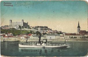 1912 Pozsony, Pressburg, Bratislava; látkép, vár, gőzhajó / general view with castle and steamship (kopott sarkak / worn corners)