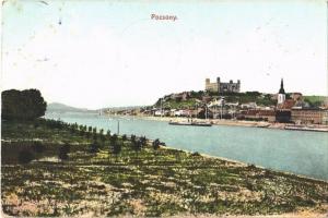 1908 Pozsony, Pressburg, Bratislava; látkép, vár, gőzhajó. Fotochrom L. & P. P. 1240. / general view with castle and steamship (EK)