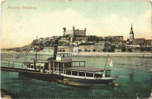 1910 Pozsony, Pressburg, Bratislava; vár, hajóállomás Pozsony csavargőzössel / castle, ship station with steamship (szakadások / tears)