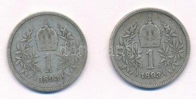 Ausztria 1893. 1K Ag "Ferenc József" (2x) T:3 Austria 1893. 1 Ag "Franz Joseph" ...
