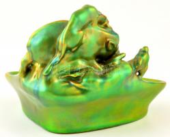 Zsolnay eozin mázas vadászmotívumos névjegykártya tartó, jelzett, apró kopásnyomokkal, 16,5×11,5 cm