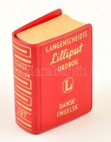 Langenscheidts Lilliput Ordbog: Dansk-Engelsk. Berlin-Schöneberg,(1957),Langenscheidt. Dán és angol nyelven. Kiadói aranyozott nylon-kötés, a gerincen 267. számmal, a könyvtest elvált a borítótól.