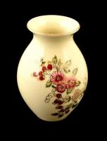 Zsolnay csipkebogyó mintás kis váza, kézzel festett, jelzett, máz alatti apró hajszál repedésekkel, m:13 cm