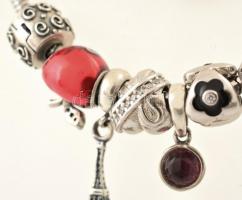 Ezüst(Ag) karkötő, charmokkal, Pandora jelzéssel, h: 18,5 cm, bruttó: 25,2 g