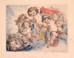 Prihoda István (1891-1956):Puttók. Színezett rézkarc, papír, foltos, jelzett, 13×17,5 cm